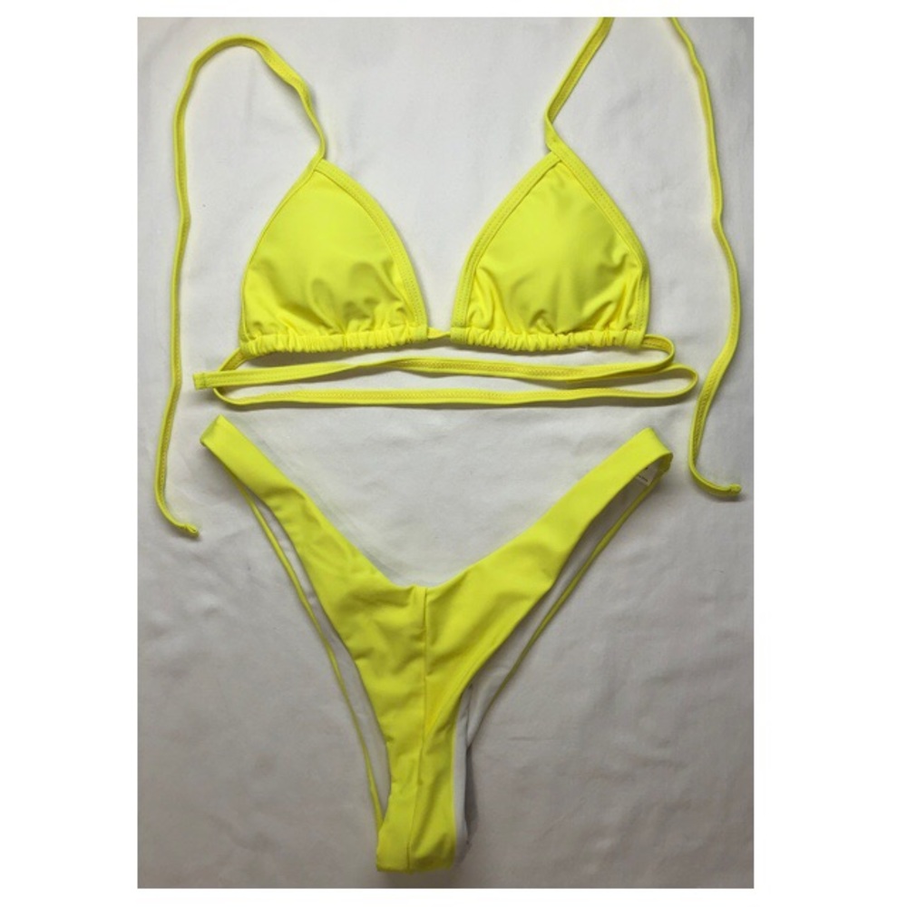 Neon yellow two piece, high waist triangle tie top bikini size small.